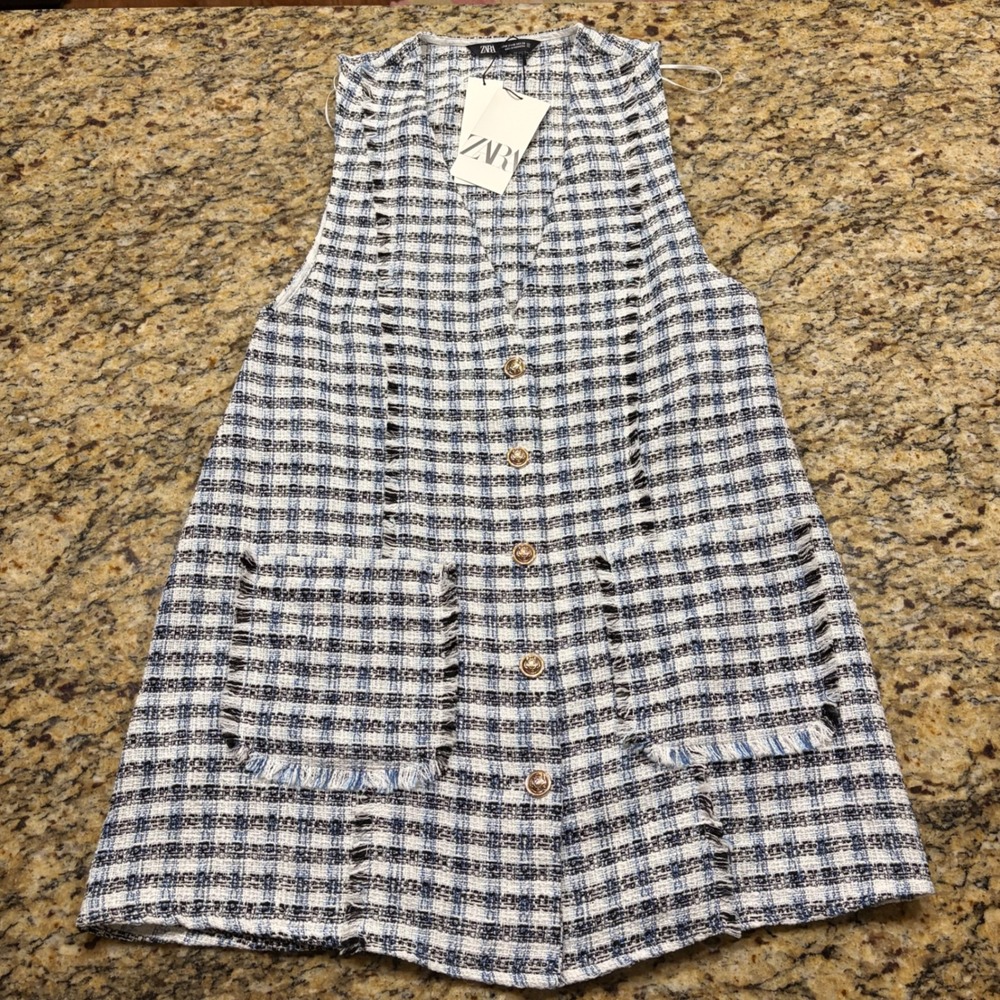 NEW Zara Blue White Tweed Plaid Frayed Mini Dress Gold Button V-Neck Size M ws